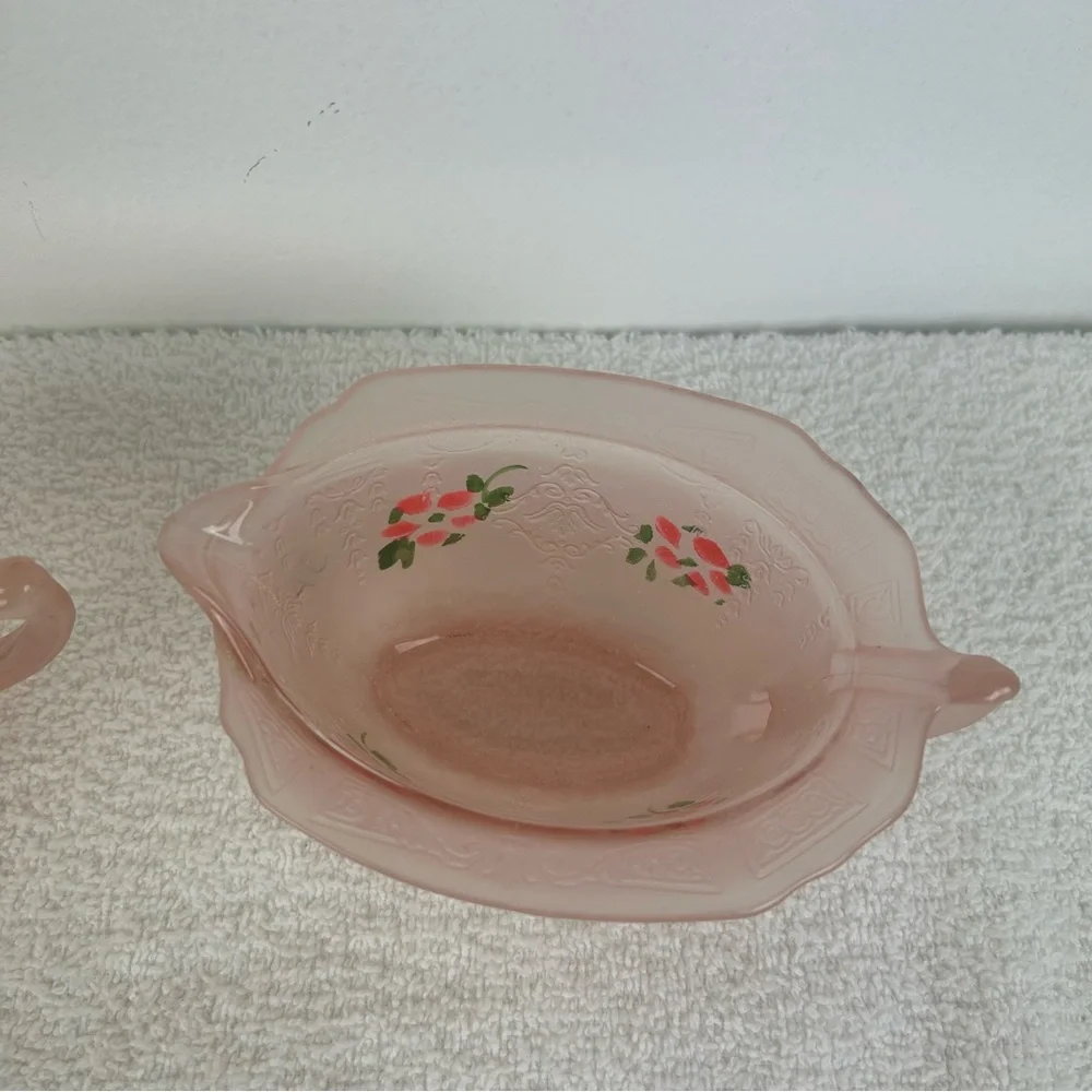 VTG Embossed Hand Painted Flower Pink Satin Glass Creamer Sugar Set of 2
